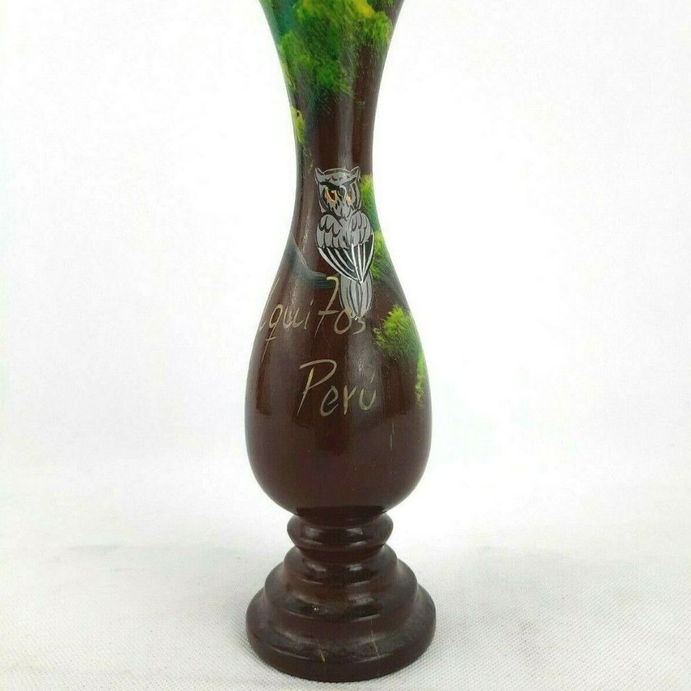 Native Peru Hand Painted Wood Vase 10"